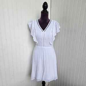 Express Swiss Dot White Elastic Waist Lined Tiered Ruffle Sleeve Dress Lace XS